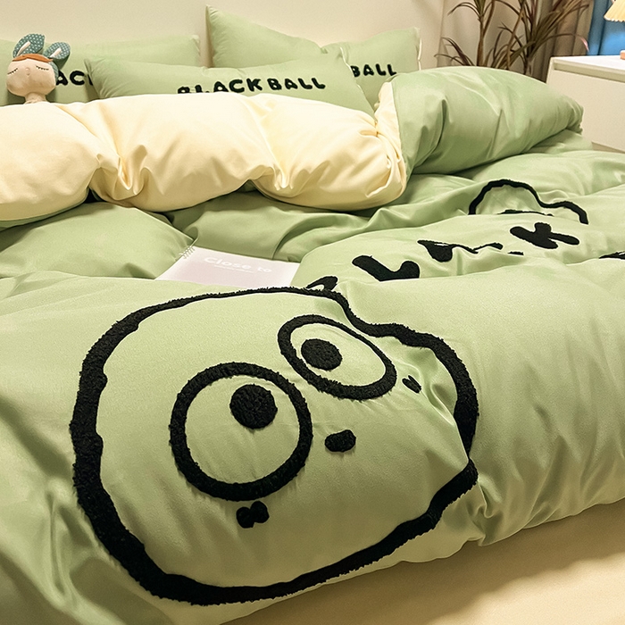 91家纺网 家纺一手货源 找家纺 眠帛家居 2024新款水洗棉毛巾绣四件套-煤球系列 果绿-奶黄