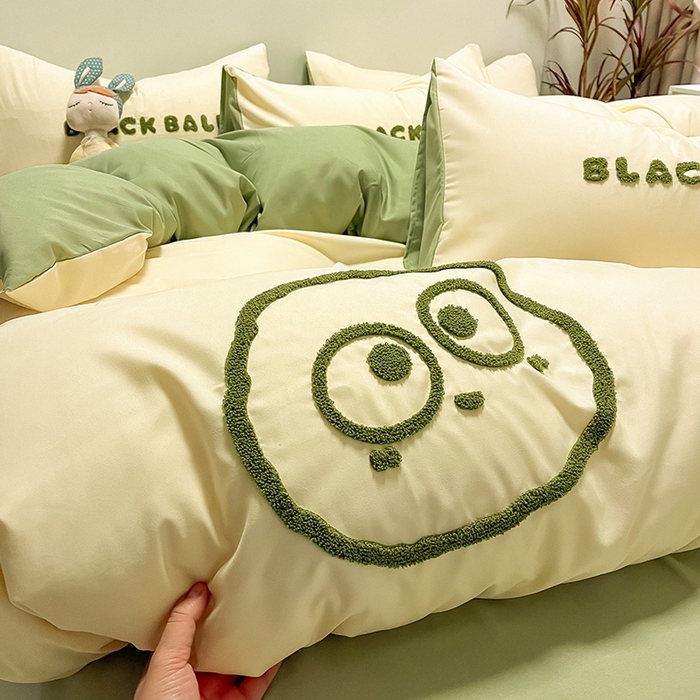 91家纺网 家纺一手货源 找家纺 （总）眠帛家居 2024新款水洗棉毛巾绣四件套-煤球系列