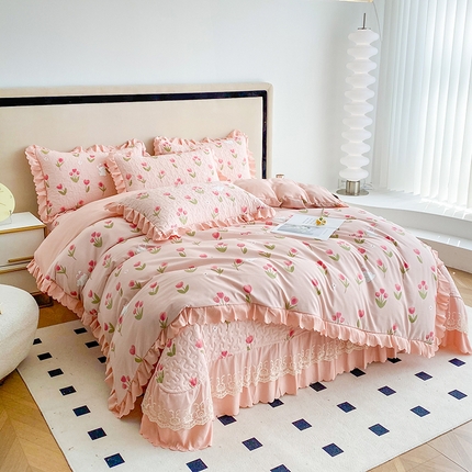 91家纺网 家纺一手货源 找家纺 （总）艺慕家纺 2025新款水洗棉麻双层纱床盖四件套