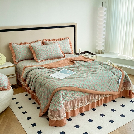 91家纺网 家纺一手货源 找家纺 （总）艺慕家纺 2025新款水洗棉麻双层纱夏被床盖四件套