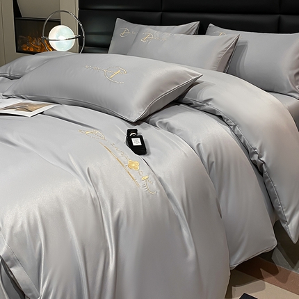 澳梵 2024新款水洗真丝刺绣四件套 蒂娜-灰