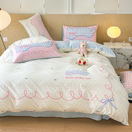 91家纺网 家纺一手货源 找家纺 千朵 2024新款13372全棉大版四件套 格子猫