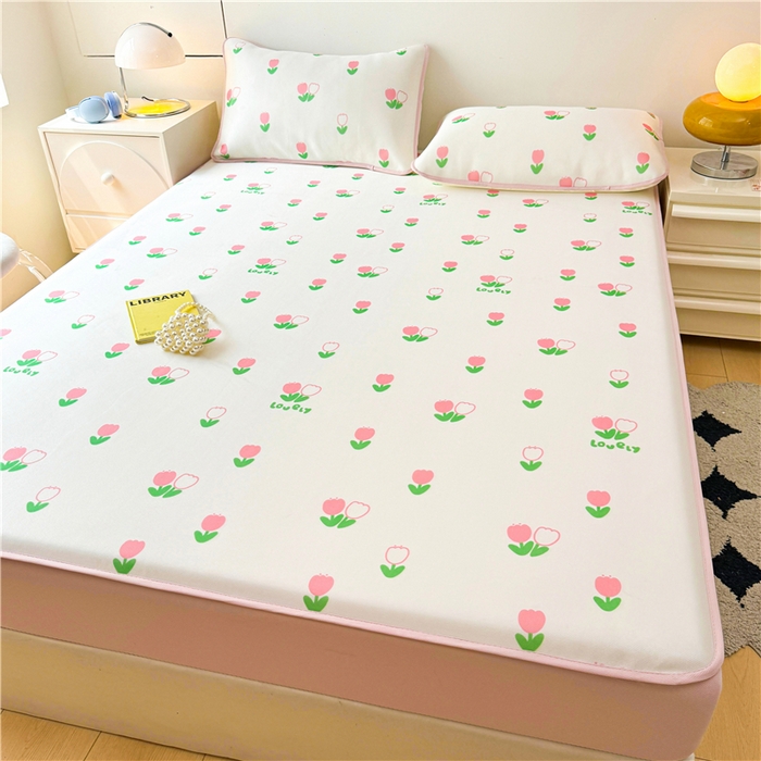 91家纺网 家纺一手货源 找家纺 喜居 2024新款碳光冰丝席床笠款 粉色郁金香