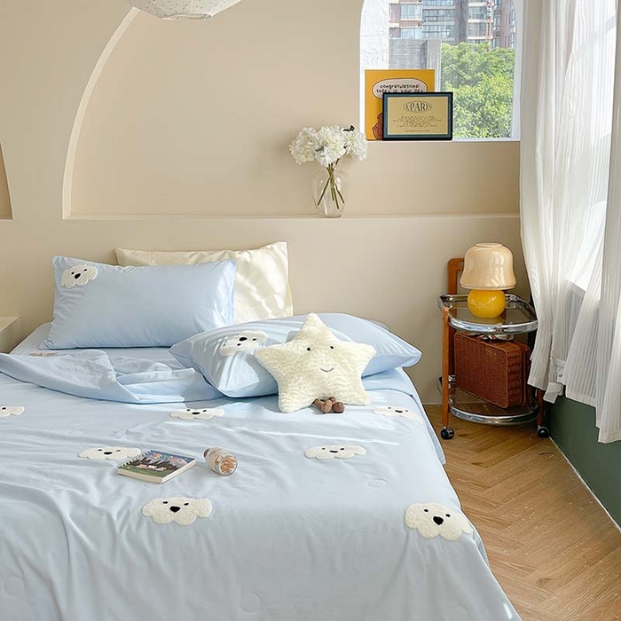 91家纺网 家纺一手货源 找家纺 柚子 2024新款全棉水洗新疆棉夏被四件套 小白狗