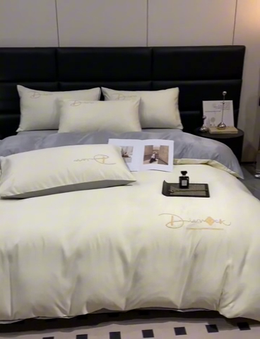 91家纺网 家纺一手货源 找家纺 澳梵 2024新款水洗真丝刺绣四件套 蒂娜-奶白灰