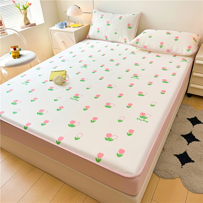 91家纺网 家纺一手货源 找家纺 喜居 2024新款碳光冰丝席床笠款 粉色郁金香