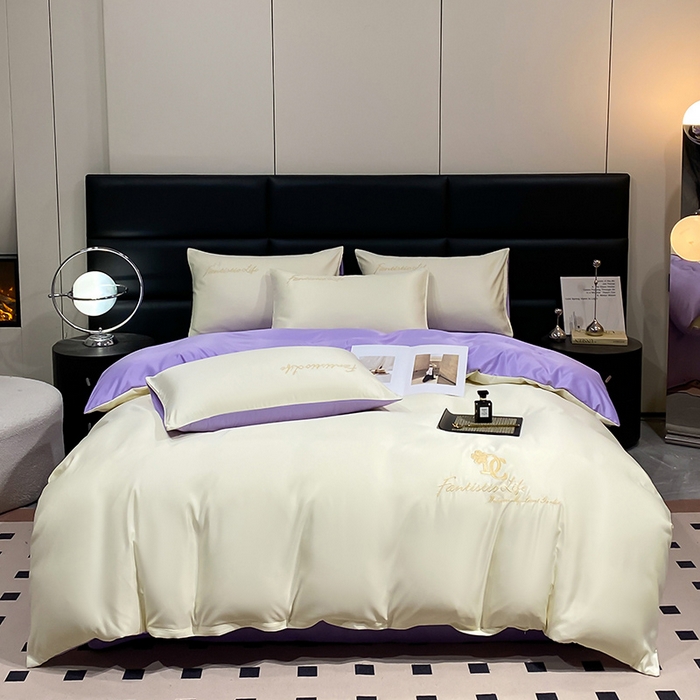 91家纺网 家纺一手货源 找家纺 澳梵 2024新款水洗真丝刺绣四件套 米兰生活-白紫