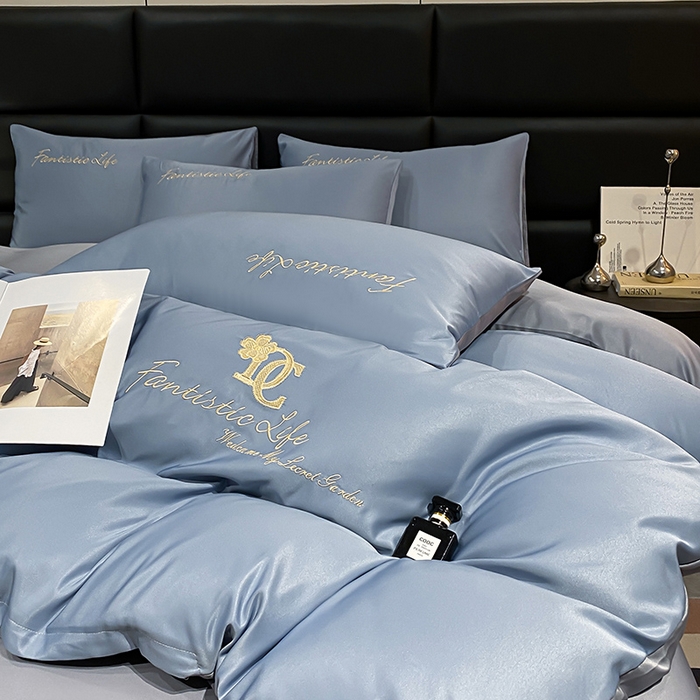 91家纺网 家纺一手货源 找家纺 澳梵 2024新款水洗真丝刺绣四件套 米兰生活-宾利蓝