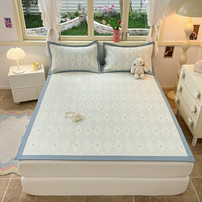 91家纺网 家纺一手货源 找家纺 慕澄 2024新款A类PE提花凉感豆豆复合款凉席 提花豆豆-菱格蓝