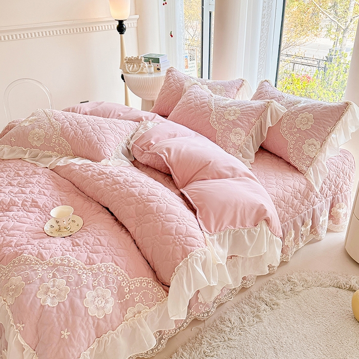 91家纺网 家纺一手货源 找家纺 罗艺轩 2024新款公主风水洗棉全夹棉床盖款四件套-盛宴 盛宴-豆沙