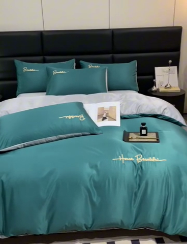 91家纺网 家纺一手货源 找家纺 澳梵 2024新款水洗真丝刺绣四件套 芭特芙-宝石绿