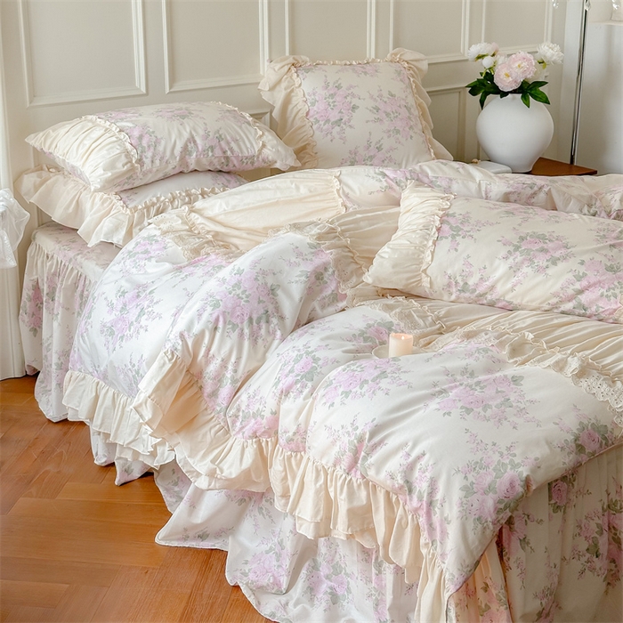 91家纺网 家纺一手货源 找家纺 婳庭家居 2024新款法式全棉印花四件套 花卉-淡粉