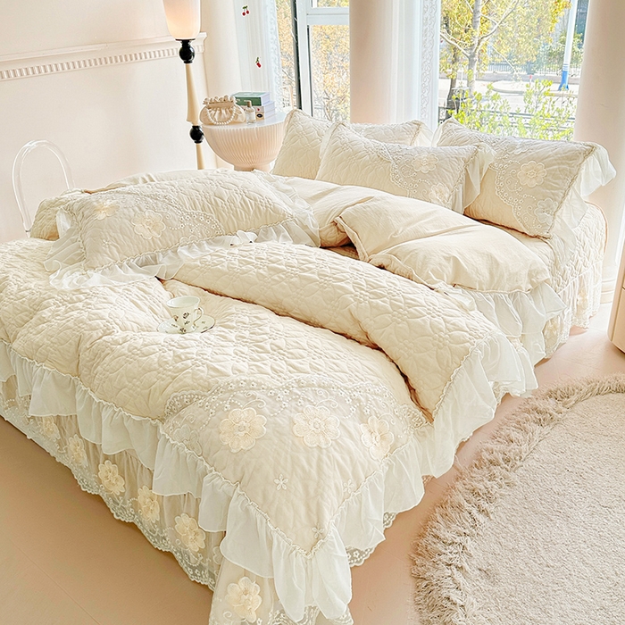 91家纺网 家纺一手货源 找家纺 罗艺轩 2024新款公主风水洗棉全夹棉床盖款四件套-盛宴 盛宴-牛乳白