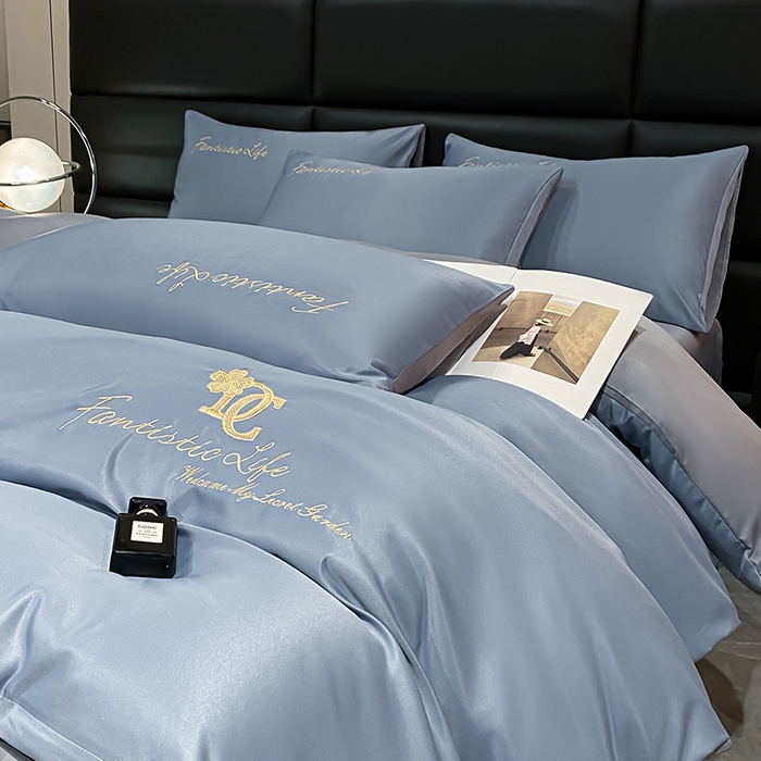 91家纺网 家纺一手货源 找家纺 澳梵 2024新款水洗真丝刺绣四件套 米兰生活-宾利蓝