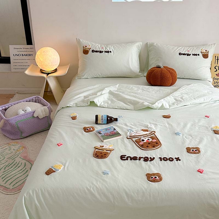 91家纺网 家纺一手货源 找家纺 柚子 2024新款全棉水洗新疆棉夏被四件套 珍珠奶茶