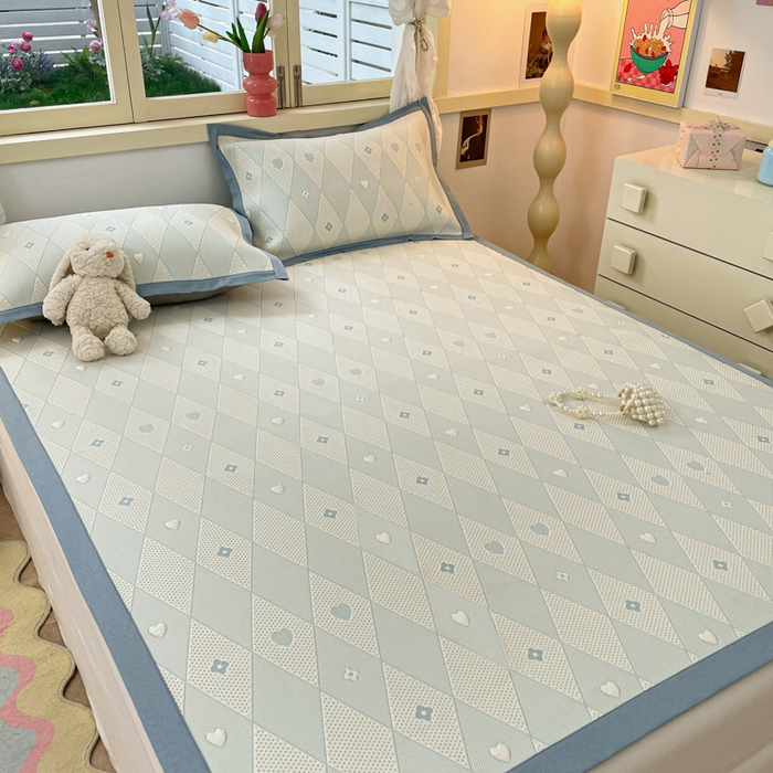 91家纺网 家纺一手货源 找家纺 慕澄 2024新款A类PE提花凉感豆豆复合款凉席 提花豆豆-菱格蓝