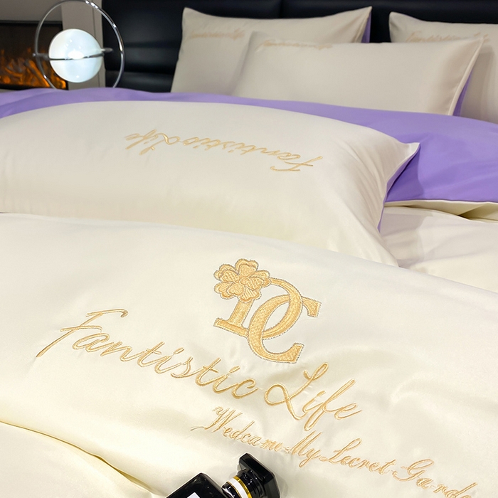 91家纺网 家纺一手货源 找家纺 澳梵 2024新款水洗真丝刺绣四件套 米兰生活-白紫