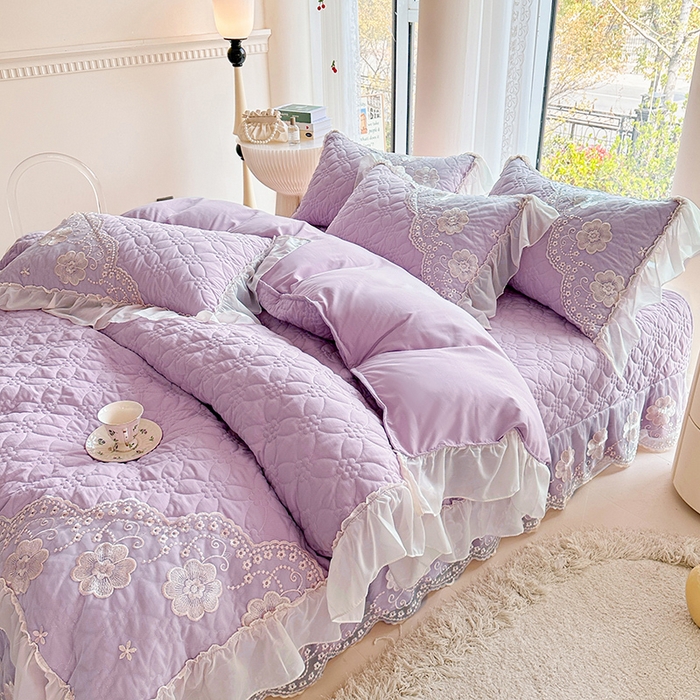 91家纺网 家纺一手货源 找家纺 罗艺轩 2024新款公主风水洗棉全夹棉床盖款四件套-盛宴 盛宴-茉莉紫