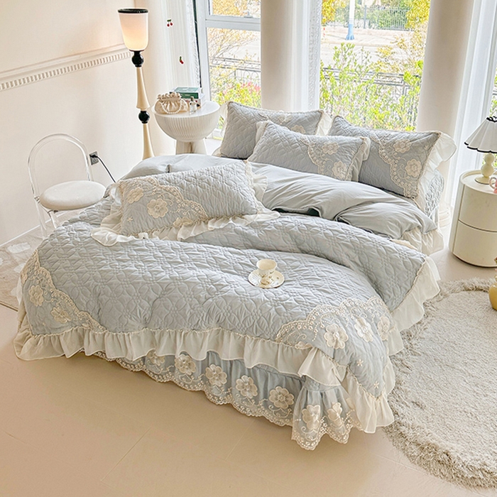 91家纺网 家纺一手货源 找家纺 罗艺轩 2024新款公主风水洗棉全夹棉床盖款四件套-盛宴 盛宴-迷雾灰