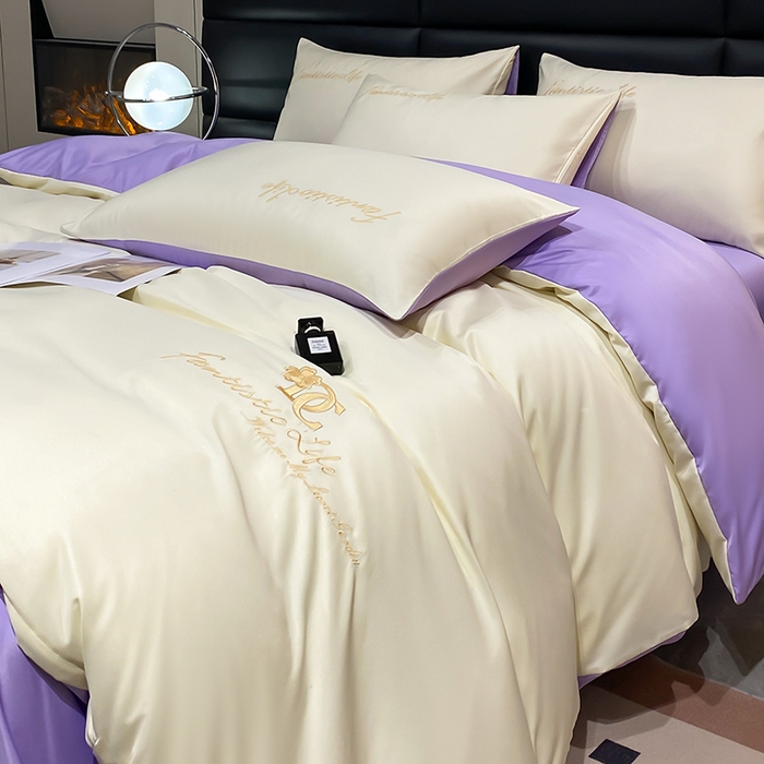 91家纺网 家纺一手货源 找家纺 澳梵 2024新款水洗真丝刺绣四件套 米兰生活-白紫