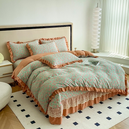 91家纺网 家纺一手货源 找家纺 （总）艺慕家纺 2025新款水洗棉麻双层纱床盖四件套