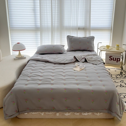 91家纺网 家纺一手货源 找家纺 尊康家纺（原磊科） 2024新款亲肤奶昔棉抗菌棉填充刺绣夏被 绅士灰