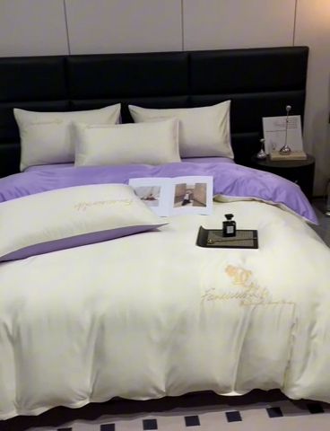 91家纺网 家纺一手货源 找家纺 澳梵 2024新款水洗真丝刺绣四件套 米兰生活-白紫