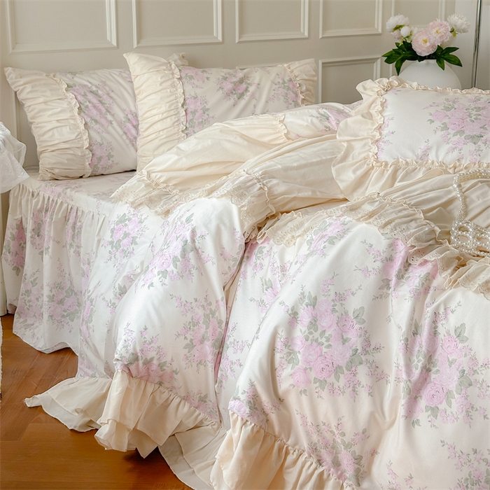 91家纺网 家纺一手货源 找家纺 婳庭家居 2024新款法式全棉印花四件套 花卉-淡粉