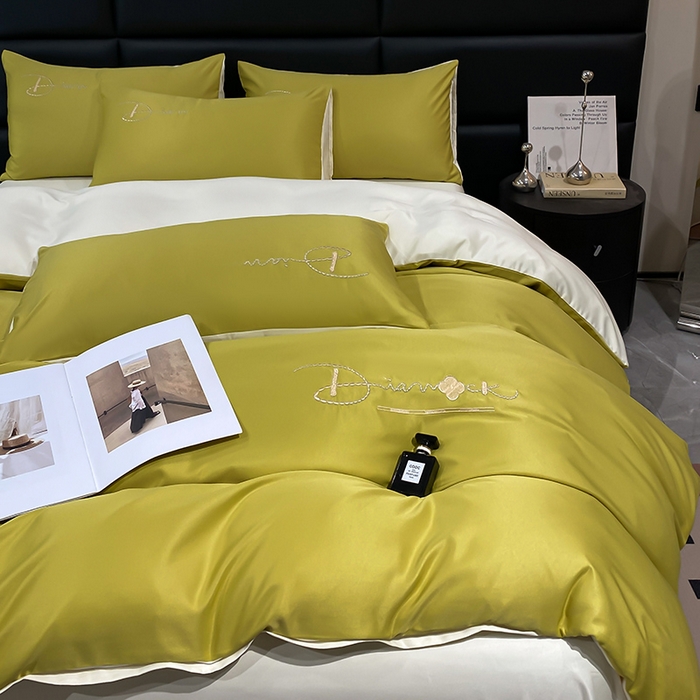 91家纺网 家纺一手货源 找家纺 澳梵 2024新款水洗真丝刺绣四件套 蒂娜-优雅绿白