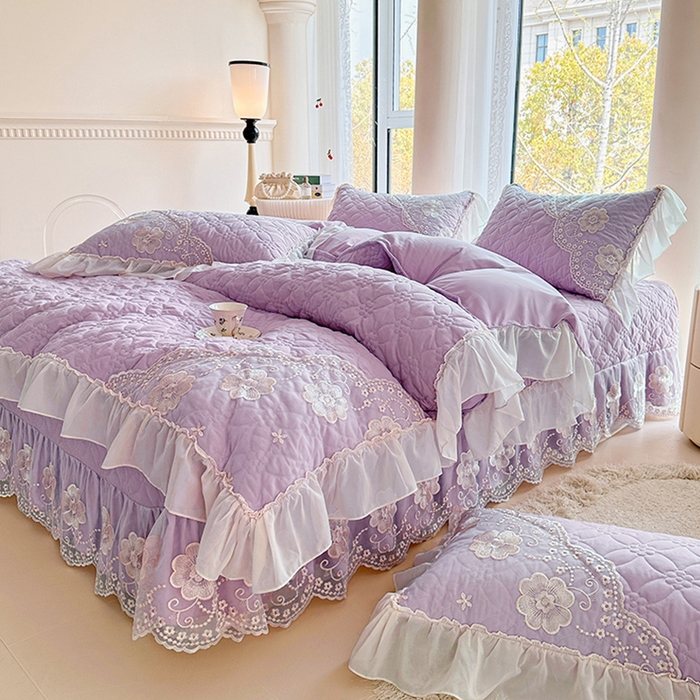 91家纺网 家纺一手货源 找家纺 罗艺轩 2024新款公主风水洗棉全夹棉床盖款四件套-盛宴 盛宴-茉莉紫