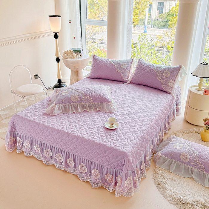 91家纺网 家纺一手货源 找家纺 罗艺轩 2024新款公主风水洗棉全夹棉床盖款三件套-盛宴 盛宴-茉莉紫