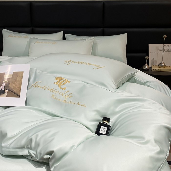 91家纺网 家纺一手货源 找家纺 澳梵 2024新款水洗真丝刺绣四件套 米兰生活-水绿