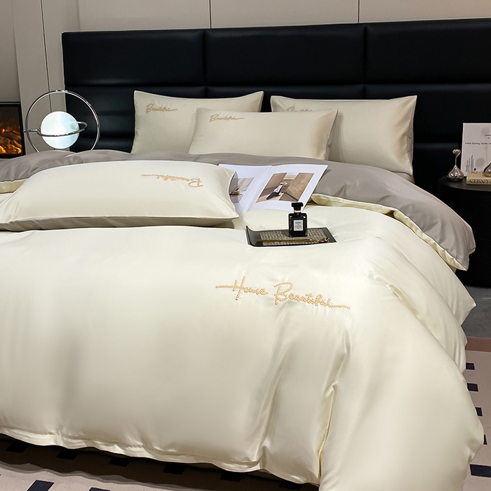 91家纺网 家纺一手货源 找家纺 澳梵 2024新款水洗真丝刺绣四件套 芭特芙-奶白咖