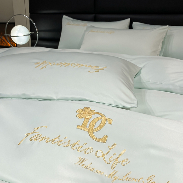 91家纺网 家纺一手货源 找家纺 澳梵 2024新款水洗真丝刺绣四件套 米兰生活-水绿