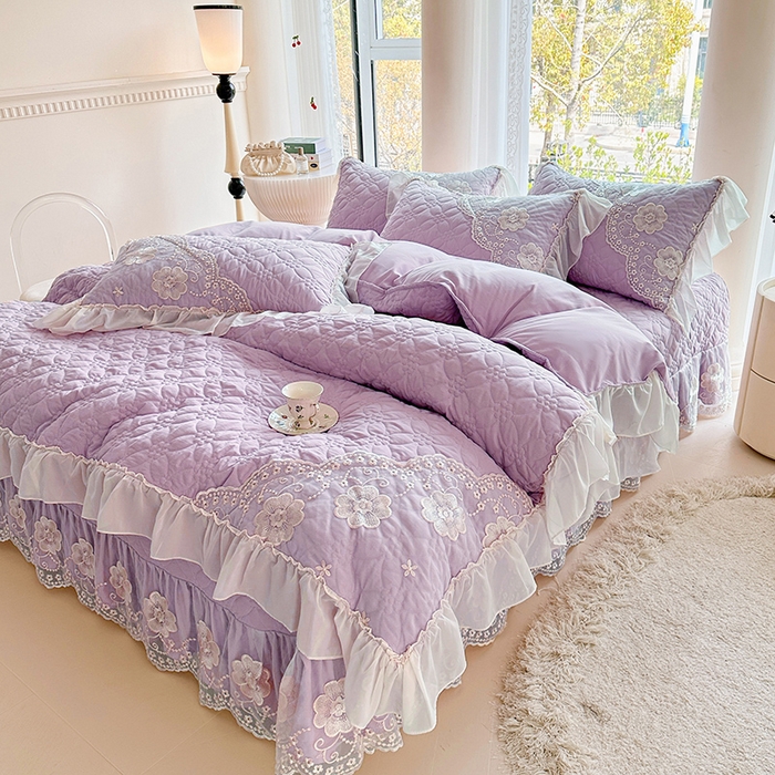 91家纺网 家纺一手货源 找家纺 罗艺轩 2024新款公主风水洗棉全夹棉床盖款四件套-盛宴 盛宴-茉莉紫