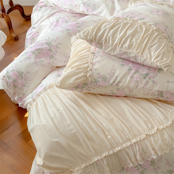 91家纺网 家纺一手货源 找家纺 婳庭家居 2024新款法式全棉印花四件套 花卉-淡粉