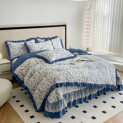 艺慕家纺 2025新款水洗棉麻双层纱床盖四件套 青花瓷