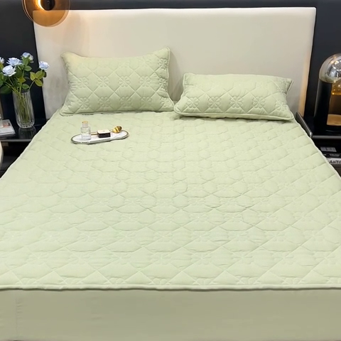 91家纺网 家纺一手货源 找家纺 恬澳 2024新款A类夹棉床笠轻奢风四叶草-青梅绿