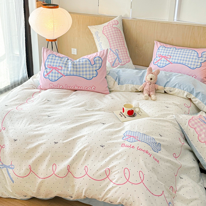 91家纺网 家纺一手货源 找家纺 千朵 2024新款13372全棉大版四件套 格子猫