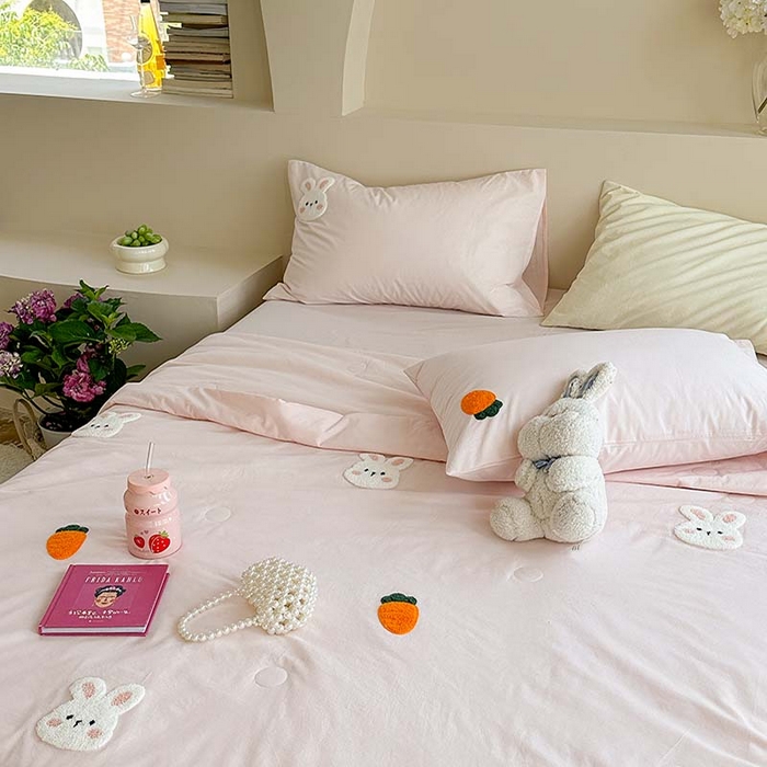 91家纺网 家纺一手货源 找家纺 柚子 2024新款全棉水洗新疆棉夏被四件套 小白兔