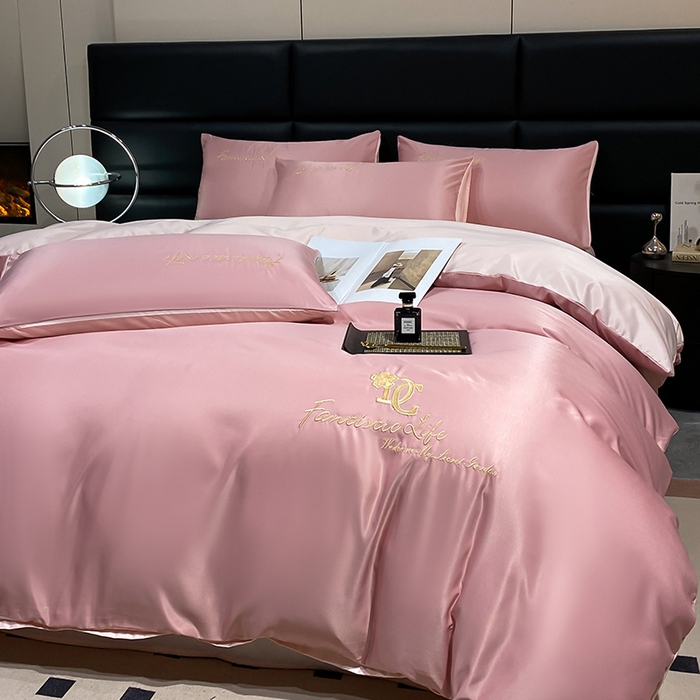 91家纺网 家纺一手货源 找家纺 澳梵 2024新款水洗真丝刺绣四件套 米兰生活-豆沙红粉玉