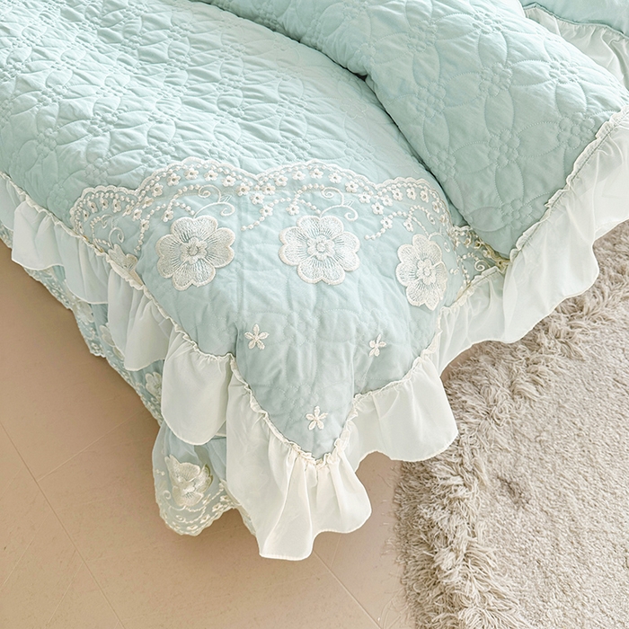 91家纺网 家纺一手货源 找家纺 罗艺轩 2024新款公主风水洗棉全夹棉床盖款四件套-盛宴 盛宴-海盐蓝