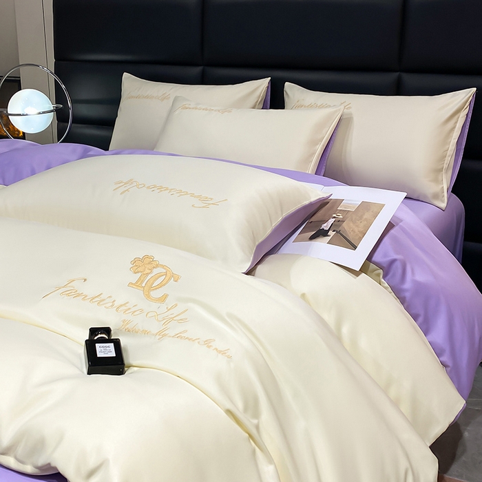 91家纺网 家纺一手货源 找家纺 澳梵 2024新款水洗真丝刺绣四件套 米兰生活-白紫