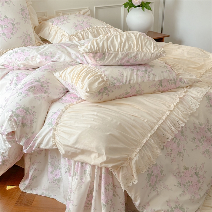 91家纺网 家纺一手货源 找家纺 婳庭家居 2024新款法式全棉印花四件套 花卉-淡粉