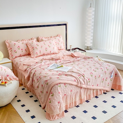 91家纺网 家纺一手货源 找家纺 （总）艺慕家纺 2025新款水洗棉麻双层纱夏被床盖四件套