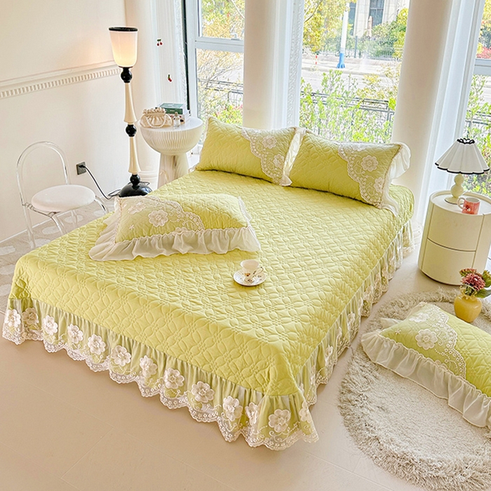 91家纺网 家纺一手货源 找家纺 罗艺轩 2024新款公主风水洗棉全夹棉床盖款三件套-盛宴 盛宴-元气绿