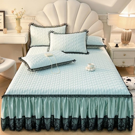 91家纺网 家纺一手货源 找家纺 恋尚 2025新款纯色床笠式床裙乳胶三件套-香奈【控价155起】 香奈儿 天青色