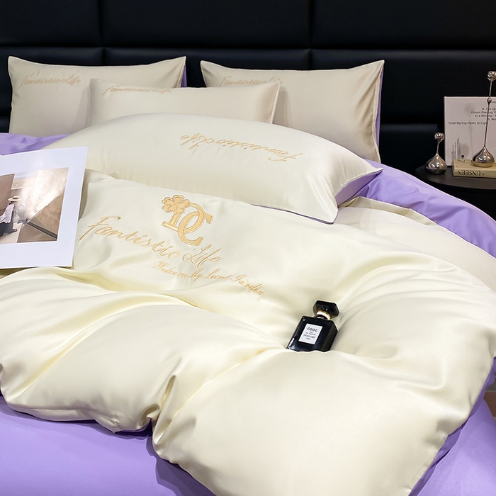 91家纺网 家纺一手货源 找家纺 澳梵 2024新款水洗真丝刺绣四件套 米兰生活-白紫