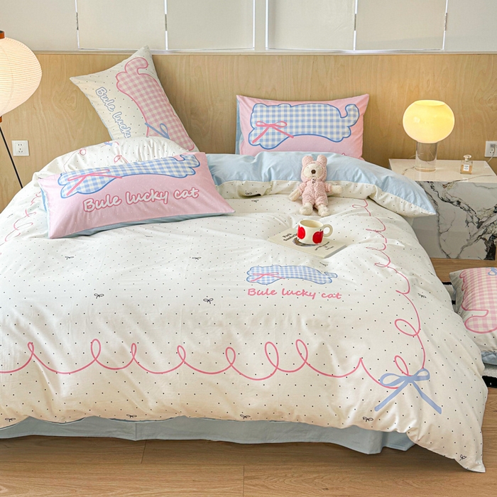 91家纺网 家纺一手货源 找家纺 千朵 2024新款13372全棉大版四件套 格子猫