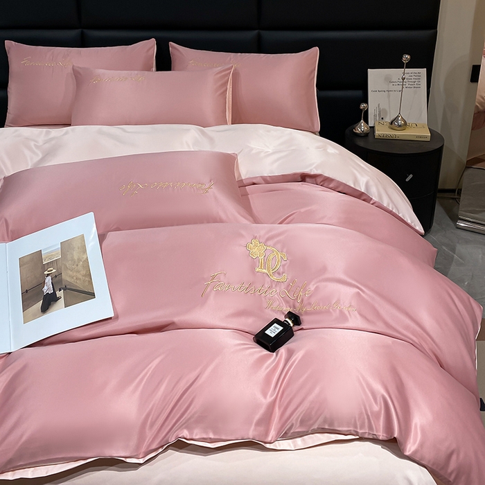 91家纺网 家纺一手货源 找家纺 澳梵 2024新款水洗真丝刺绣四件套 米兰生活-豆沙红粉玉